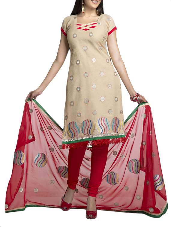 beige cotton unstitched suit - 13363885 -  Zoom Image - 0