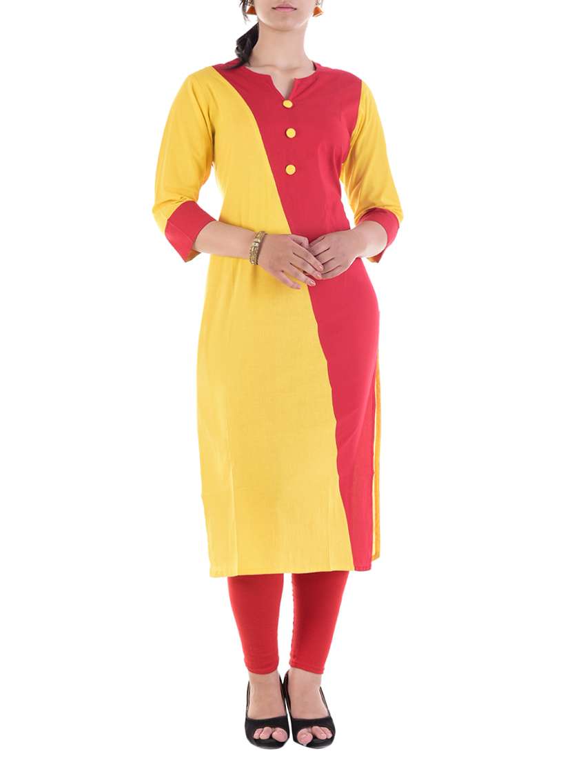 yellow & red cotton straight kurta