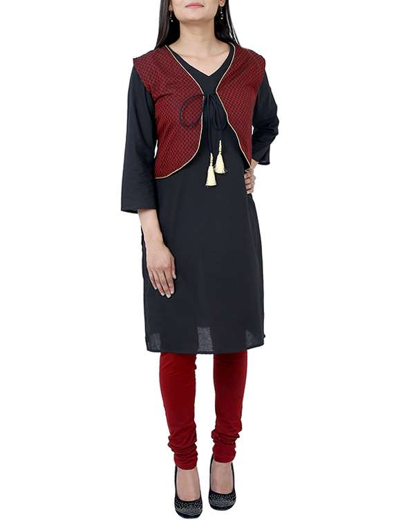 black cotton straight kurta with jacket
