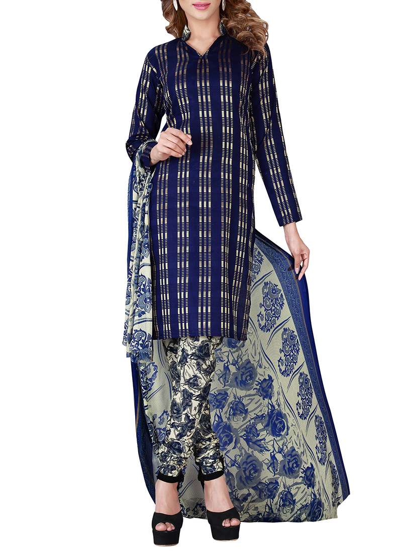 blue art silk printed churidaar suits dress material