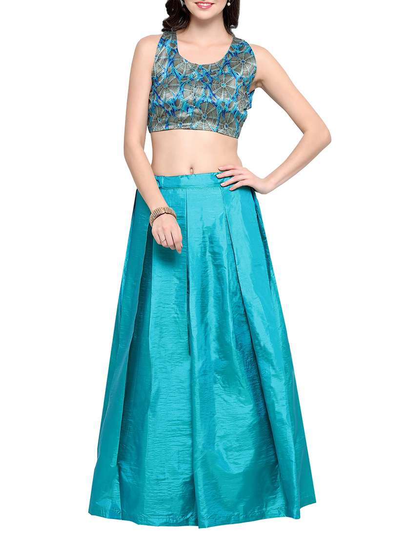 blue satin solid flared lehenga