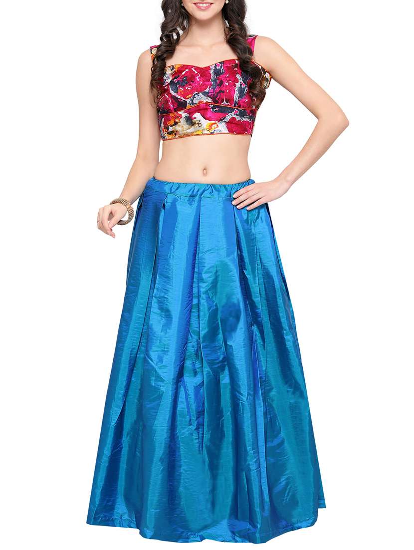 blue satin solid flared lehenga