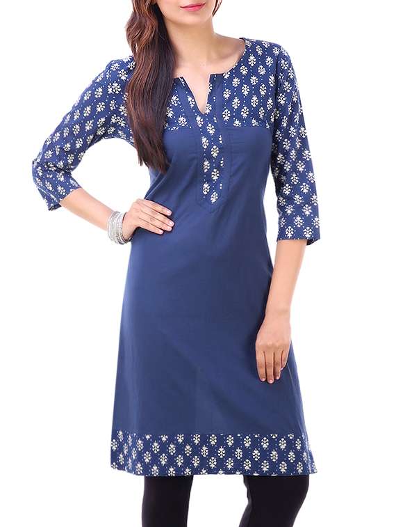 indigo cotton printed straight kurta