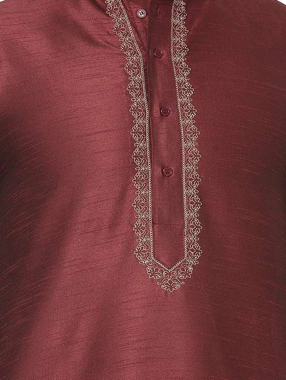 solid maroon cotton kurta pyjama set - 13394892 - Standard Image - 3