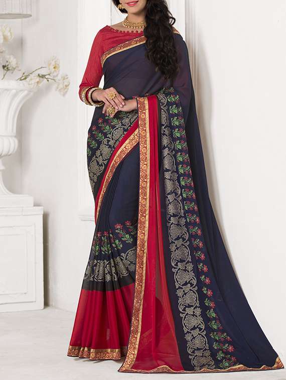 blue georgette printed saree with blouse