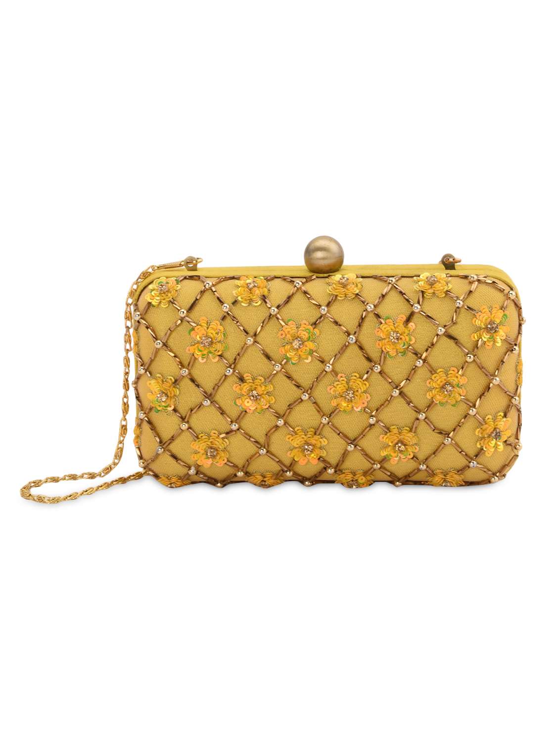 mustard embellished box clutch