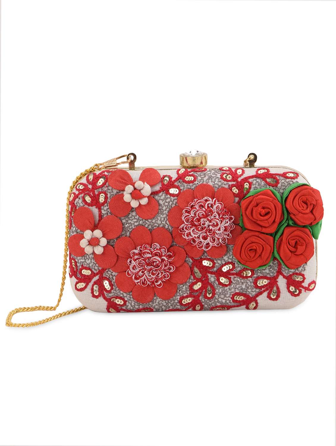 white and red embellished box clutch