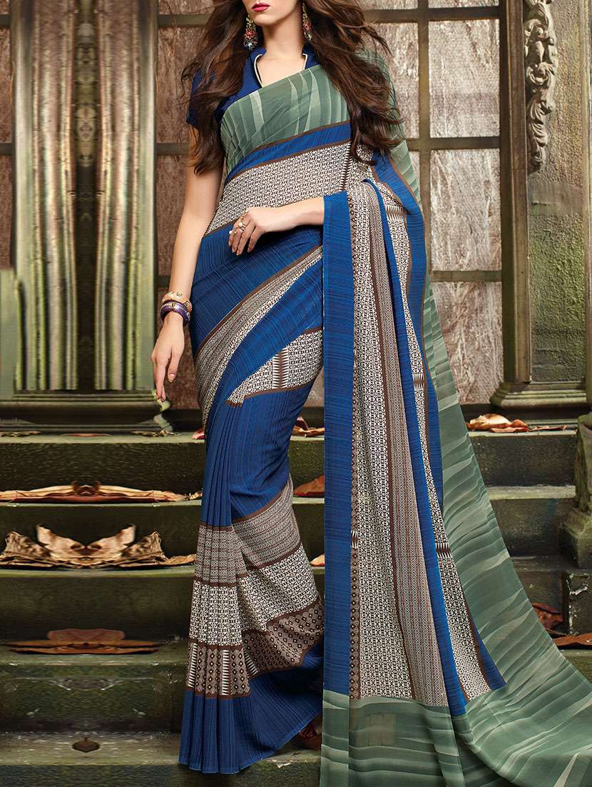 blue georgette printed saree with blouse