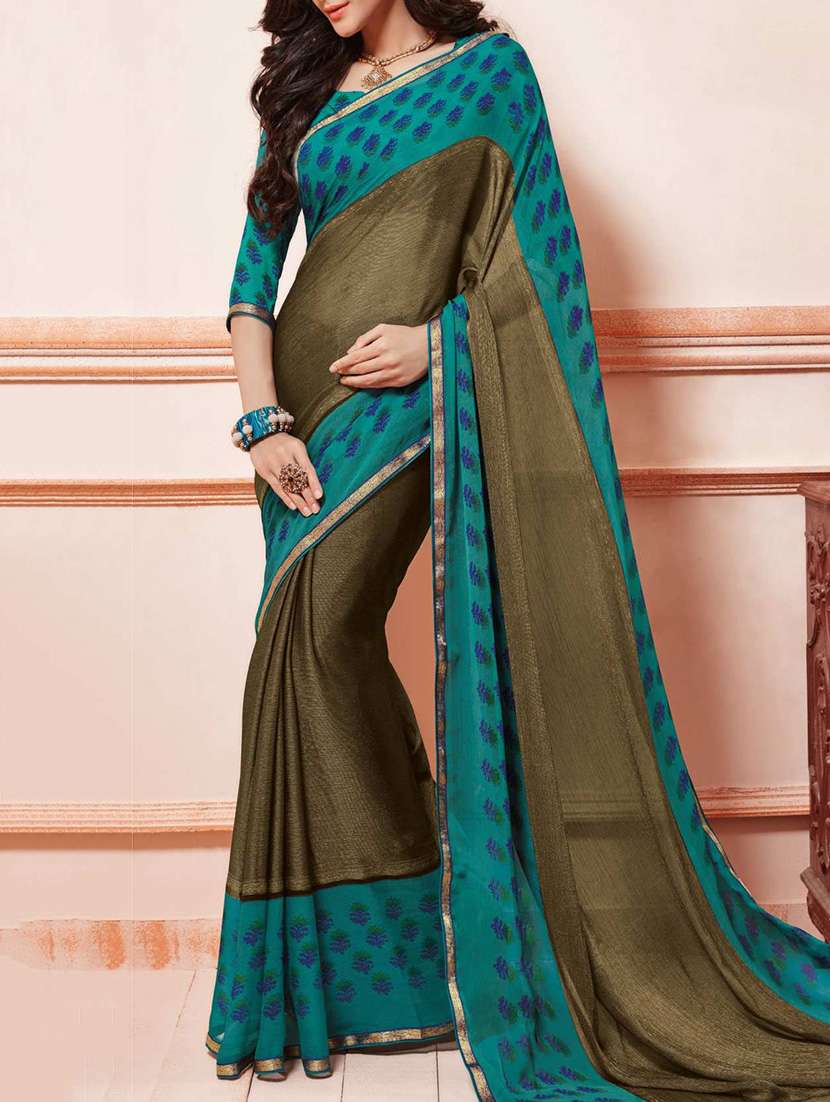 olive green georgette printed saree with blouse