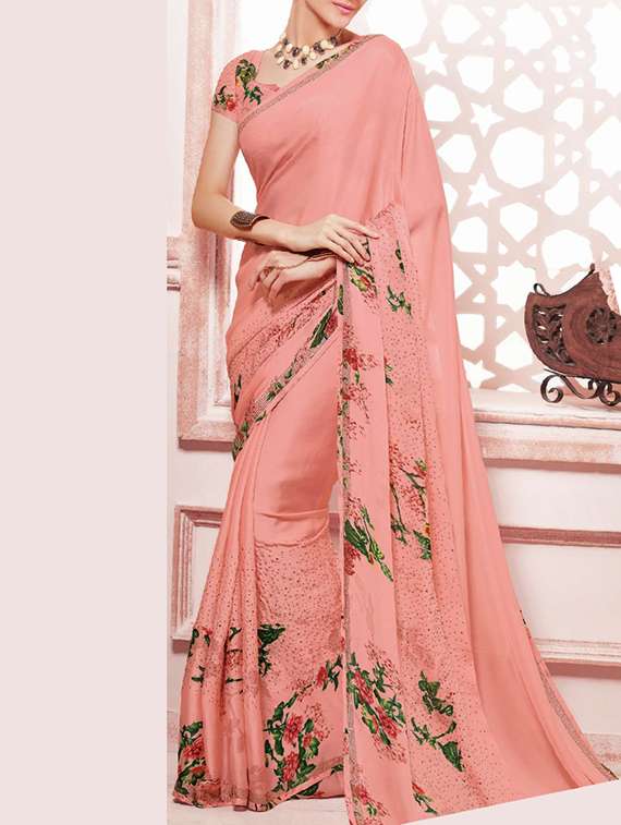 pink poly georgette floral printed saree with blouse