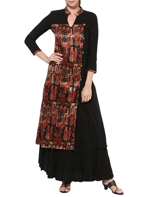 black silk printed long kurta