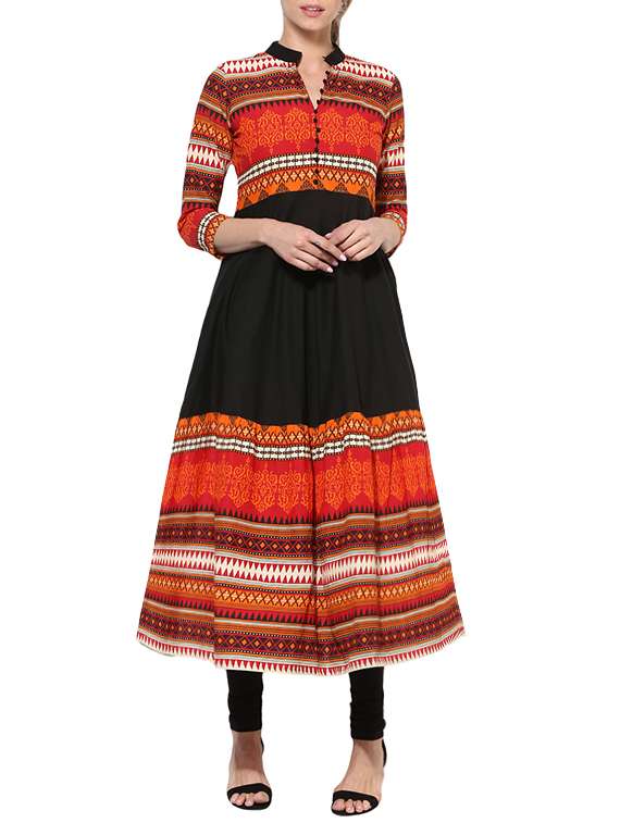 black cotton printed a-line kurta