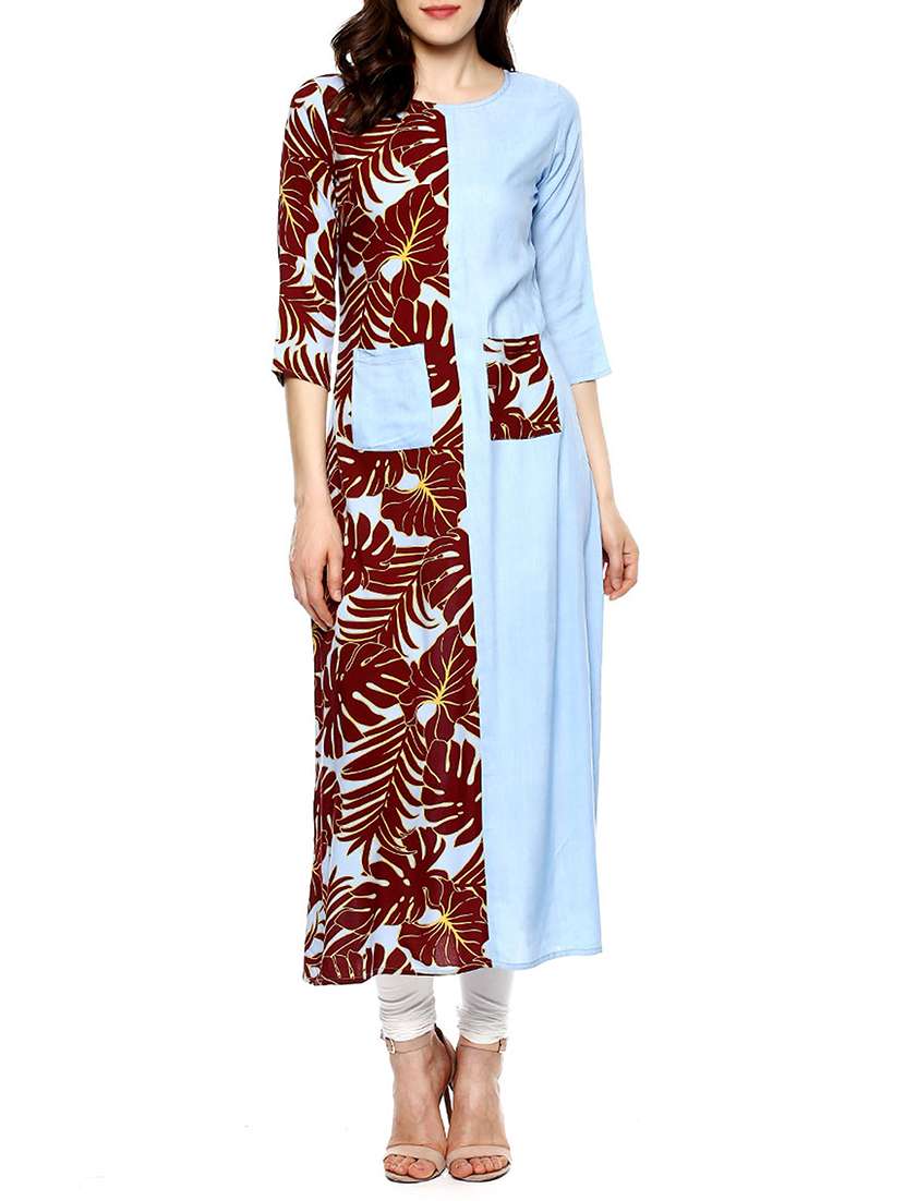 sky blue viscose a-line kurta with pockets