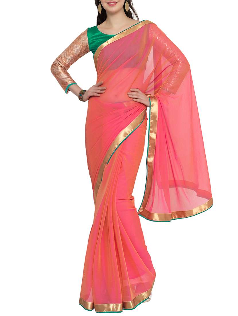 pink bordered chiffon  saree with blouse