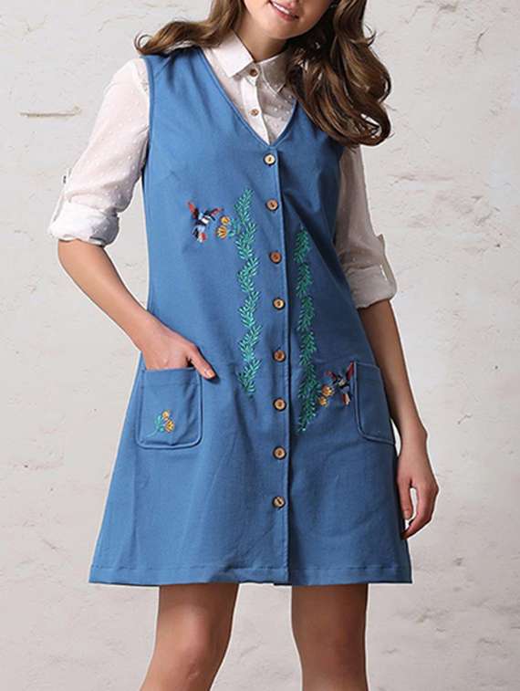 blue sleeveless shirt dress with embroidery