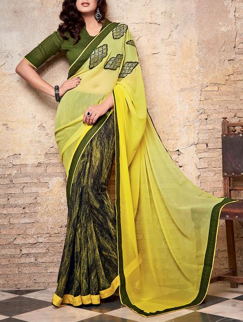 yellow & green georgette embroidered half and half saree - 13437616 - Standard Image - 0