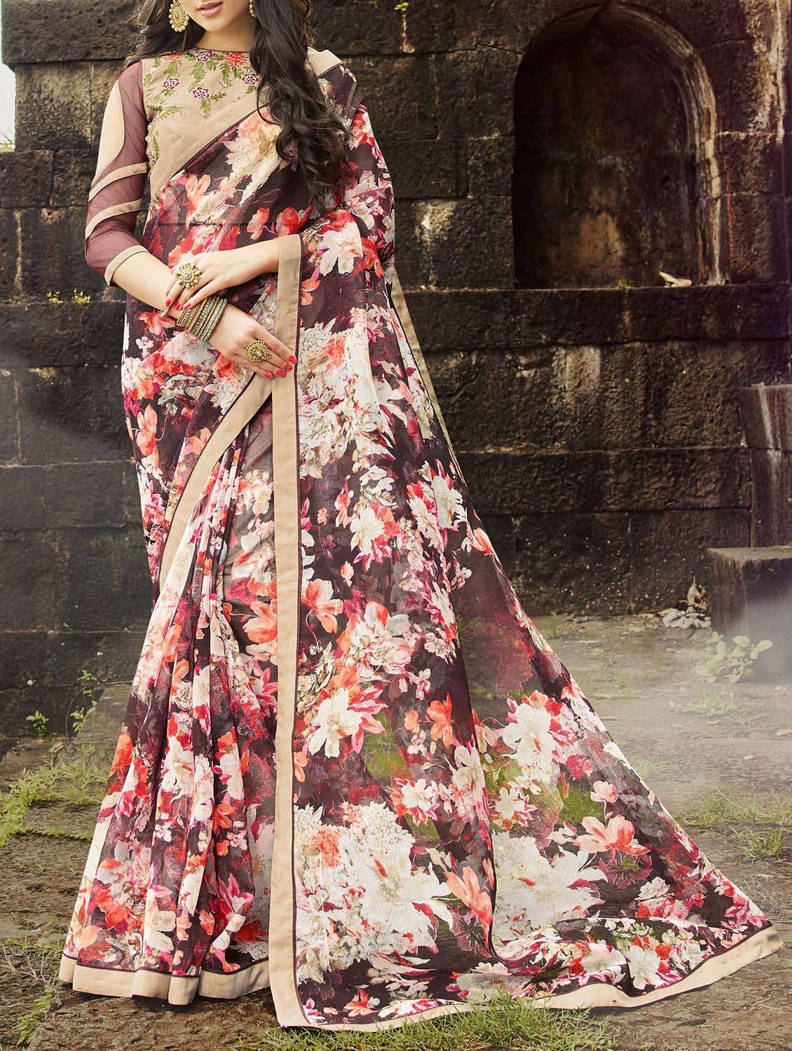multi colored georgette floral printed saree