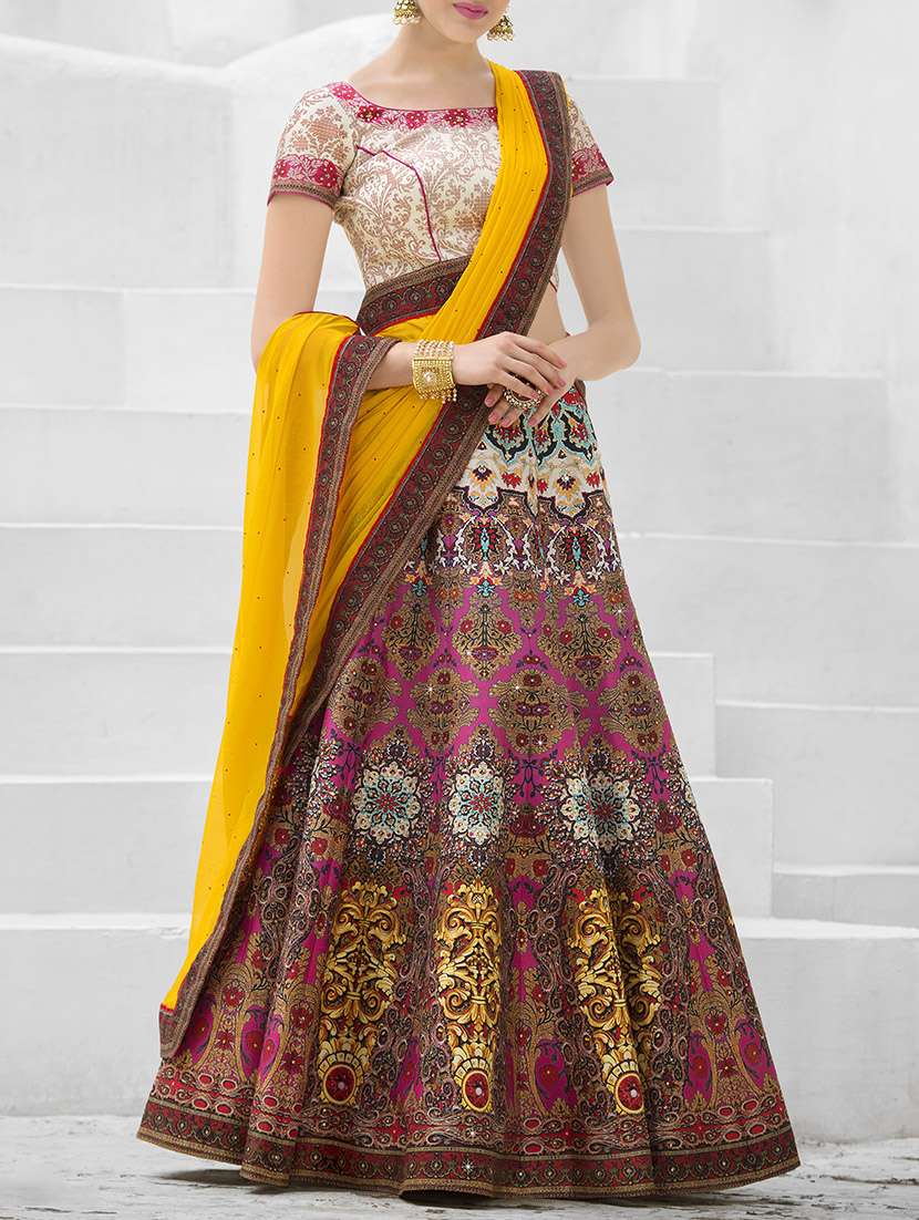 multicolored silk printed flared lehenga
