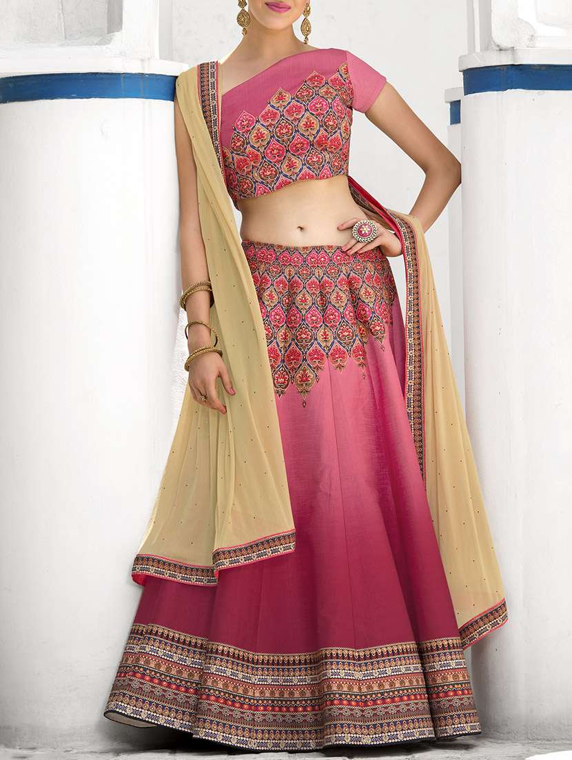 pink silk printed lehenga