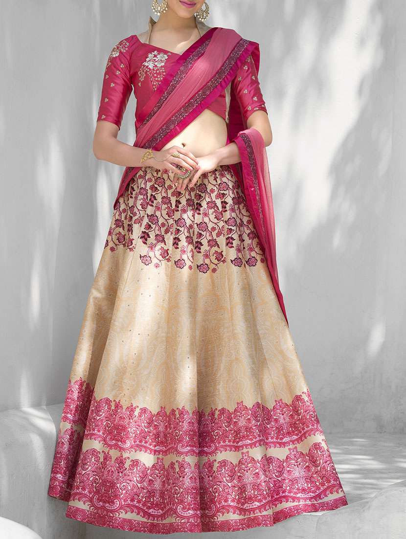 beige silk printed flared lehenga
