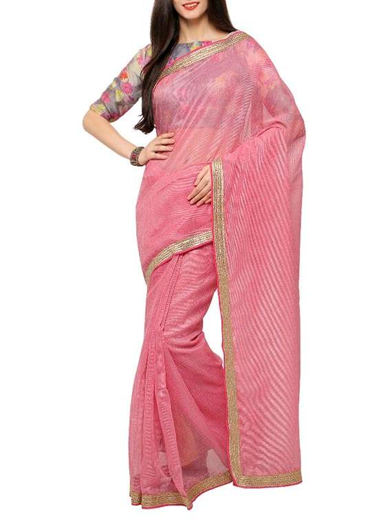 pink bordered net saree with blouse