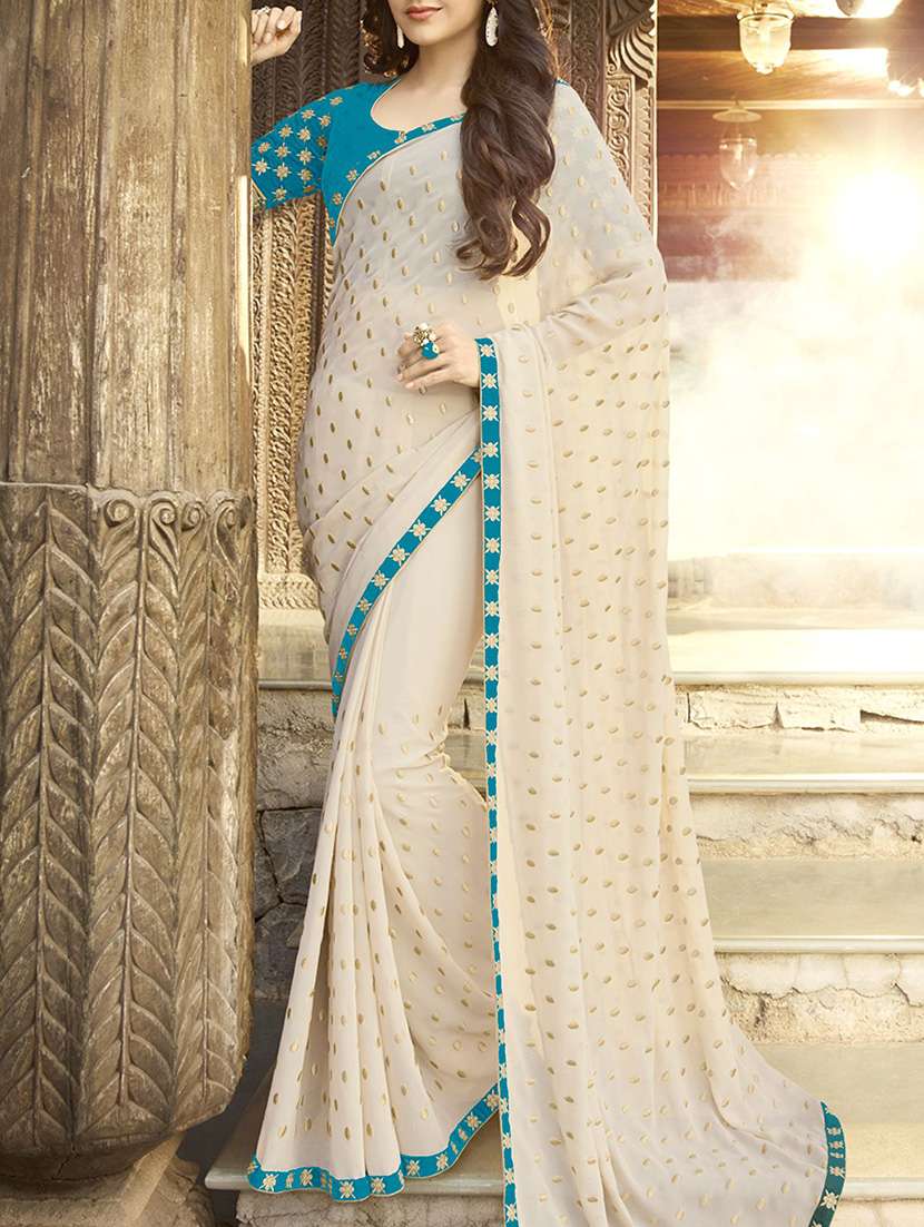 beige georgette embroidered saree with blouse