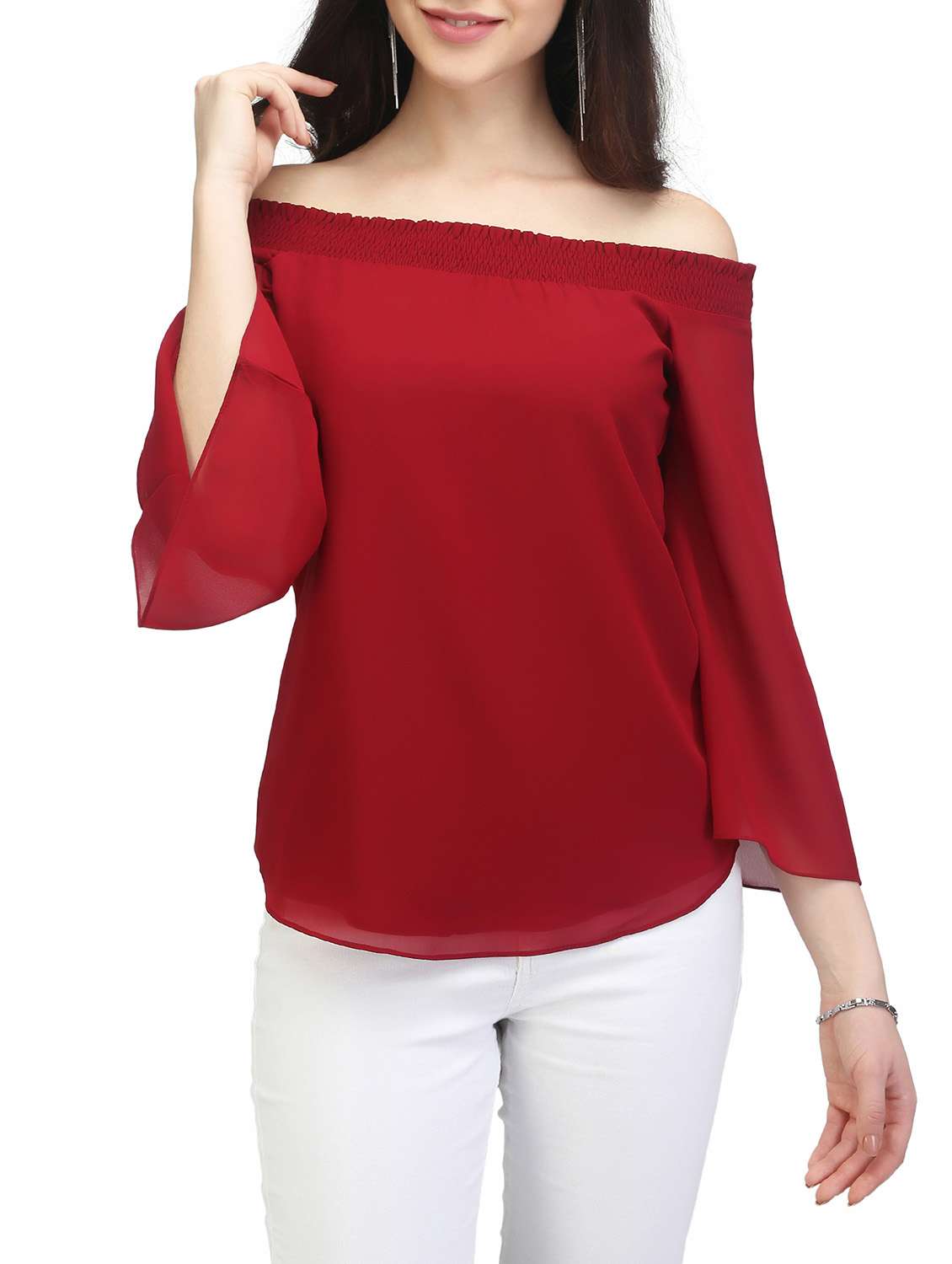 maroon georgette off shoulder top
