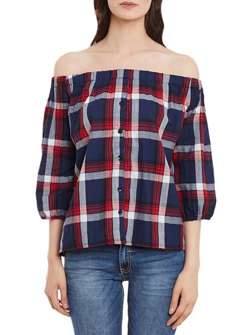 navy blue checkered rayon off shoulder top - 13465443 -  Standard Image - 0