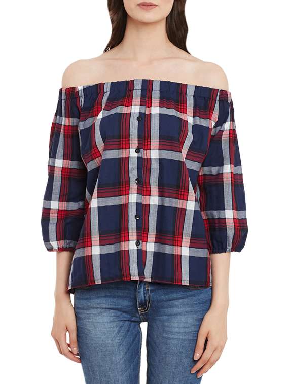 navy blue checkered rayon off shoulder top - 13465443 -  Zoom Image - 0