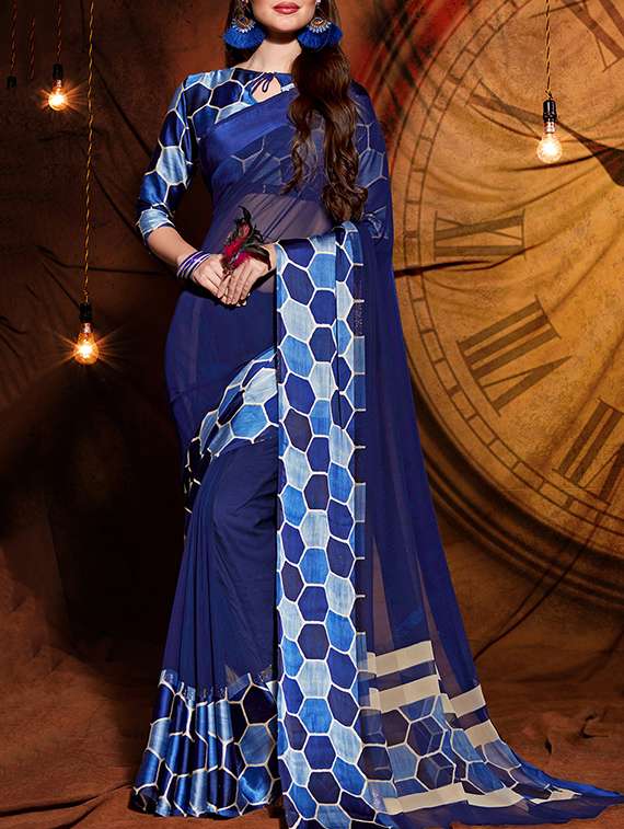 blue georgette printed saree with blouse