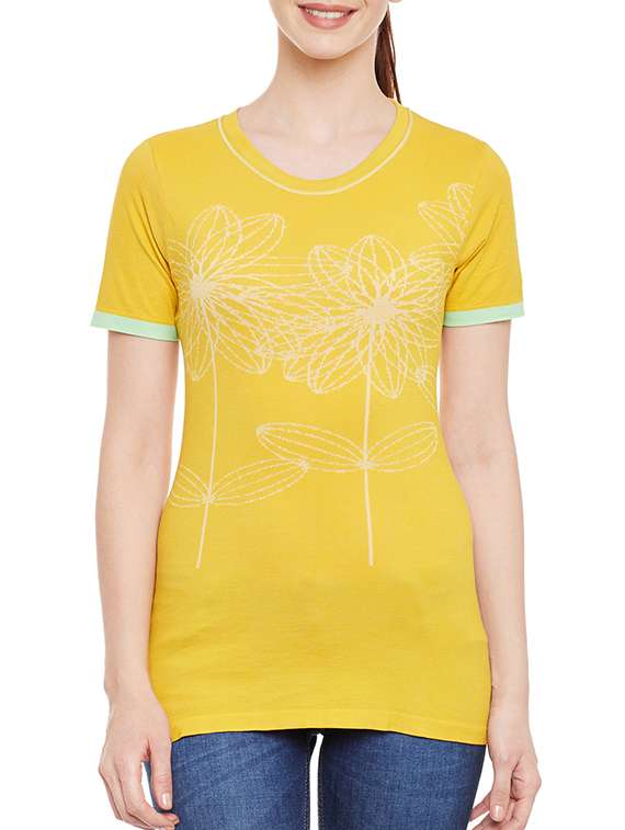 yellow printed cotton regular tee