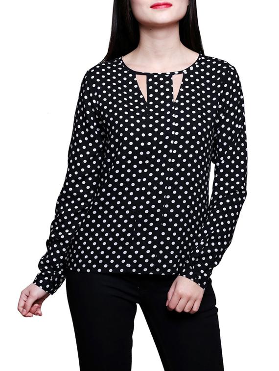 black polka dots printed viscose regular top