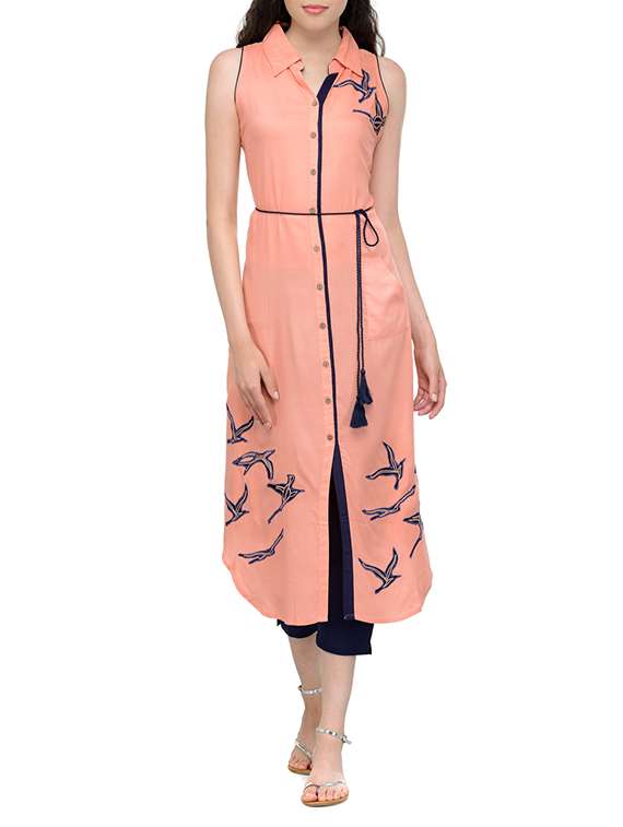 shirt collar embroidered kurta with tassels