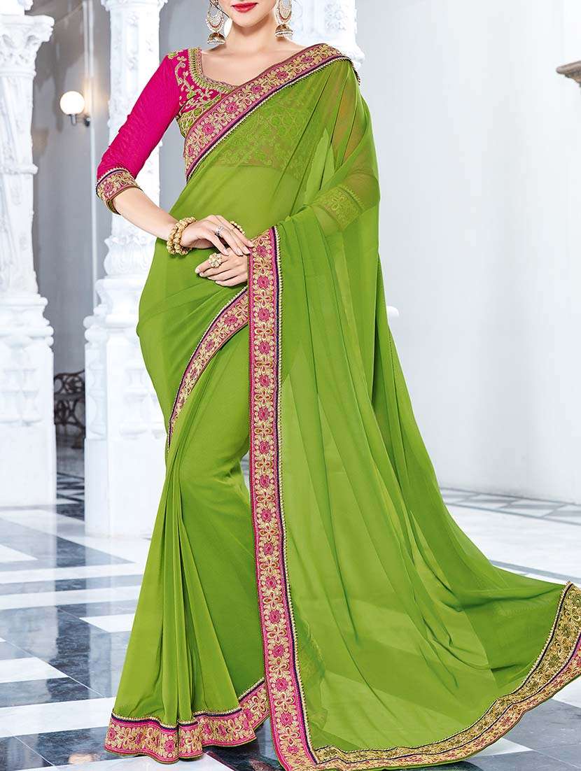 green georgette bordered saree with blouse
