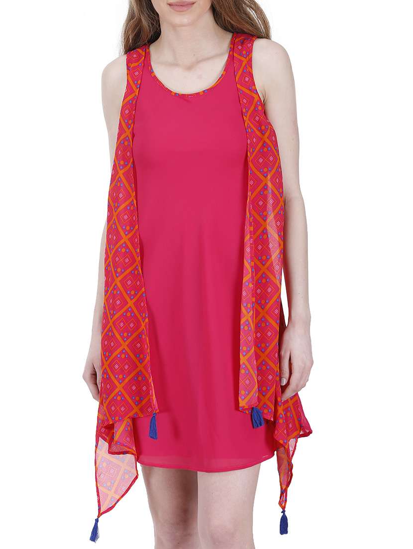 pink printed georgette layered dress - 13601885 -  Zoom Image - 0