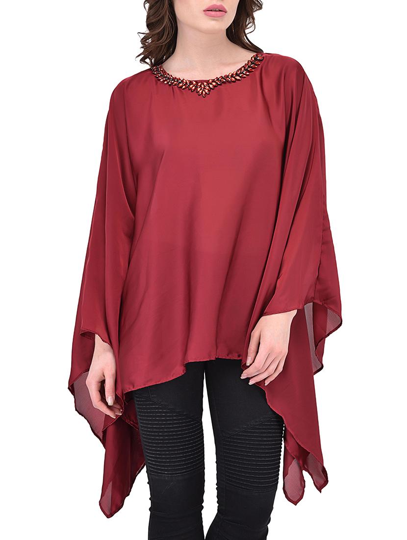 solid maroon satin kaftan - 13650640 - Zoom Image - 0