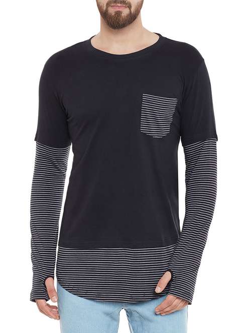 black cotton blend thumb hole t-shirt - 13657267 -  Standard Image - 0