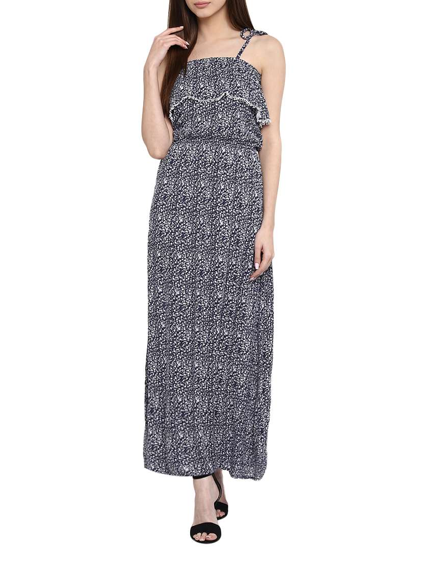 navy blue rayon ruffle dress