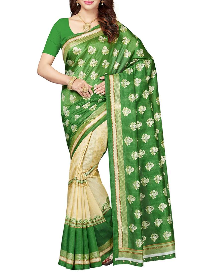 green & beige printed silk bhagalpuri saree with blouse