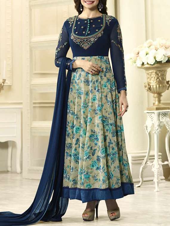 blue embroidered anarkali semi-stitched suit