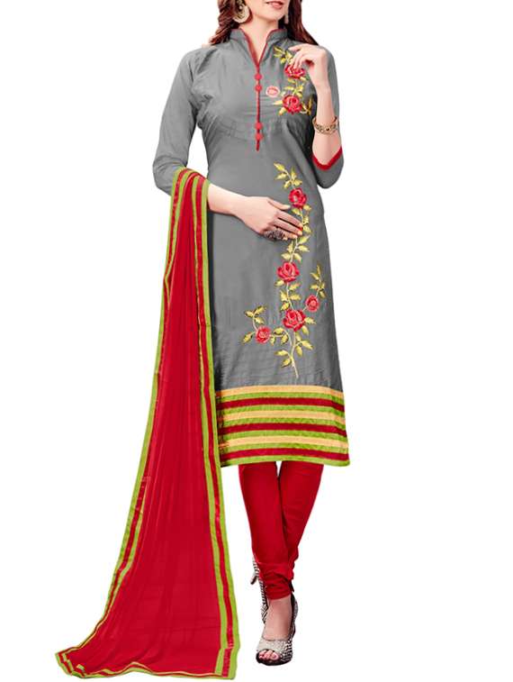 grey cotton embroidered churidaar suit dress material