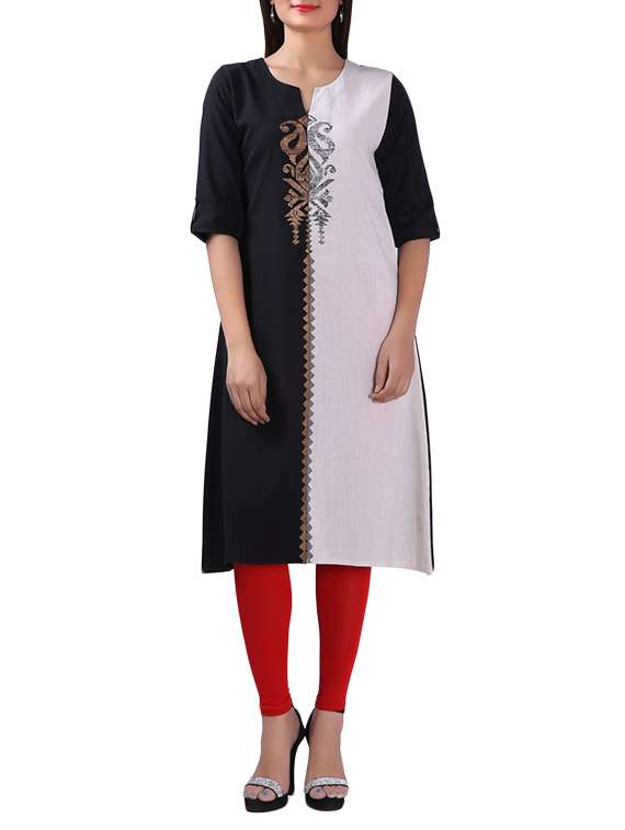 black & white colour block khadi straight kurta