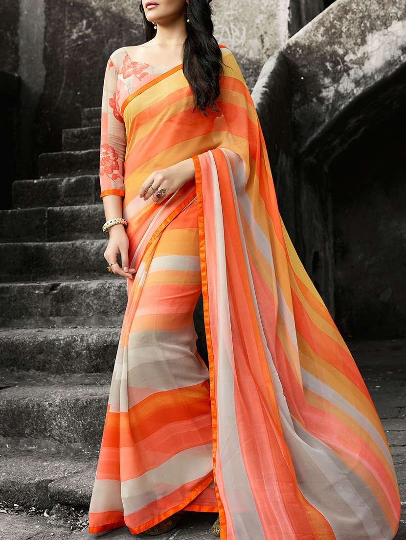 multi colored georgette printed saree with blouse