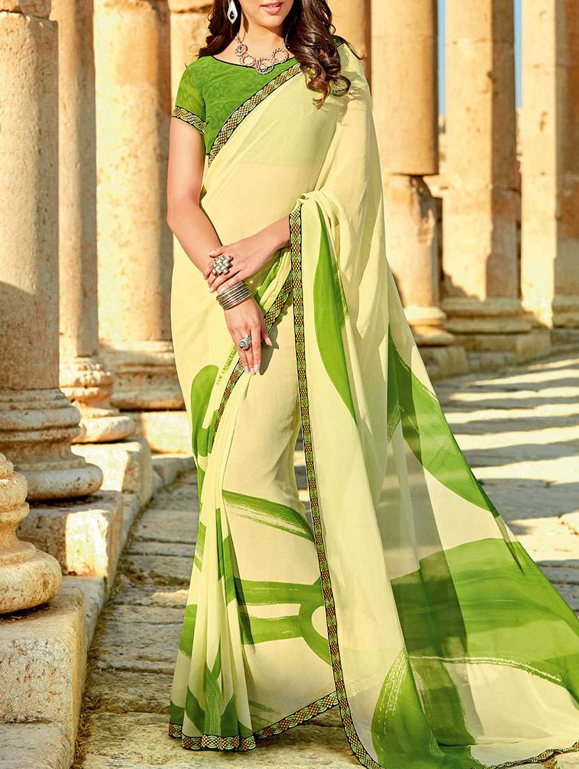 green georgette printed saree with blouse