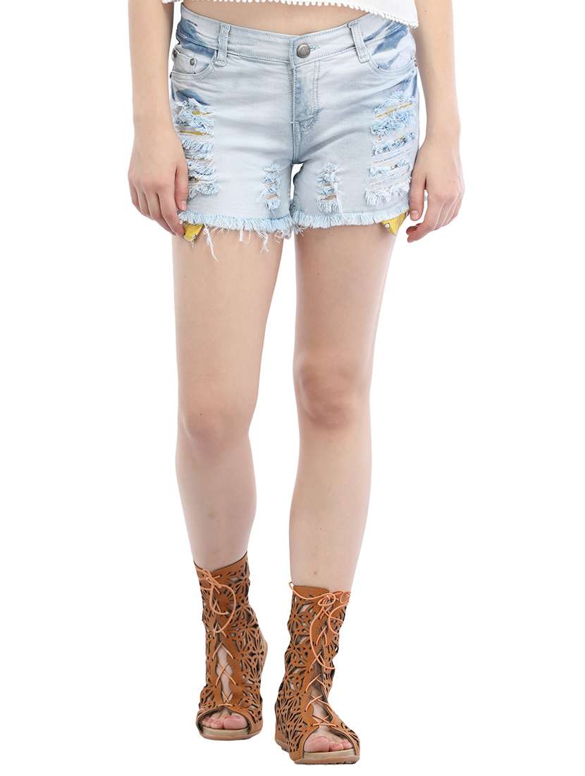 blue denim distressed short