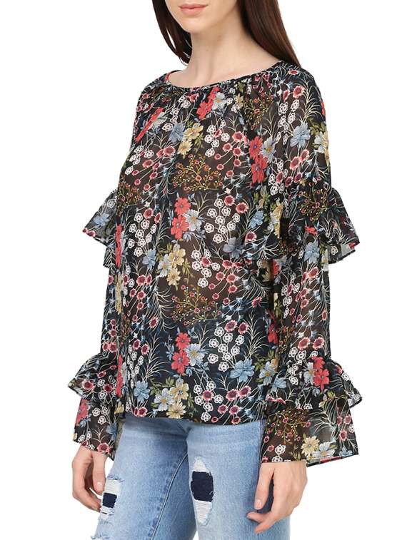 black floral print frill top