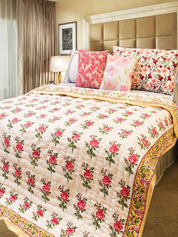 beige cotton floral print ac quilt