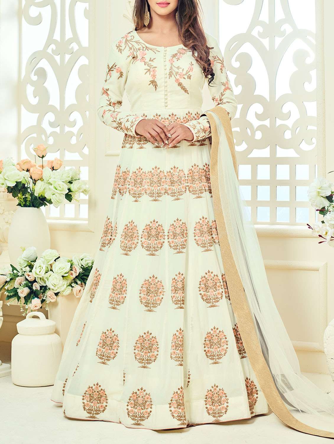 white georgette anarkali semi-stitched suit