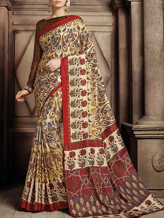 women's printed beige colored saree with blouse - 13679394 -  Zoom Image - 0