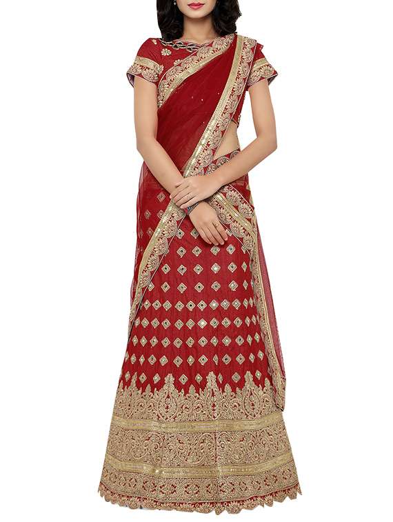 red raw silk panelled lehenga